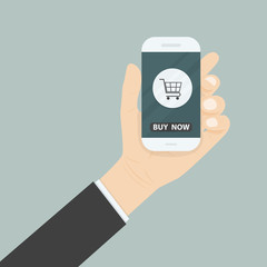 Businessman hand and online shopping website on smart phone.Online shopping application on smart phone.Advertising campaign symbol.Online shopping and e-commerce icon concept .