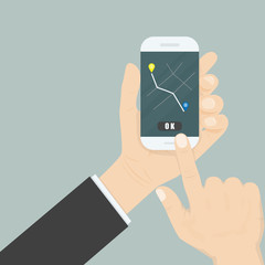 Hand and mobile smart phone with map gps navigation application interface on the screen.Map gps navigation application.Map Location Information Web Layout Concept.