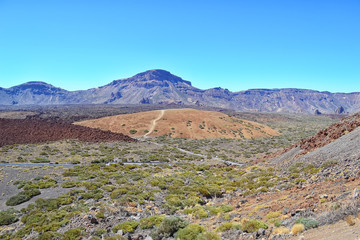 Volcano Teide. Tenerife island, Canary, Spain. Tourist on the trail to the mountain. Travel background