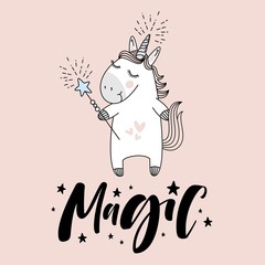 cute unicorn with "Magic" hand lettering sign. © Daria