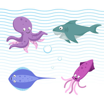 Vector cartoon different sea and ocean animals set. Isolated vector illustration. Octopus, stingray, shark, cuttlefish.