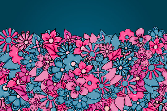 Flowers hand drawn cartoon card background. Spring or summer concept. Vector illustration doodle. Pink and blue color.