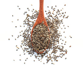 Chia seeds in wood spoon on a white background