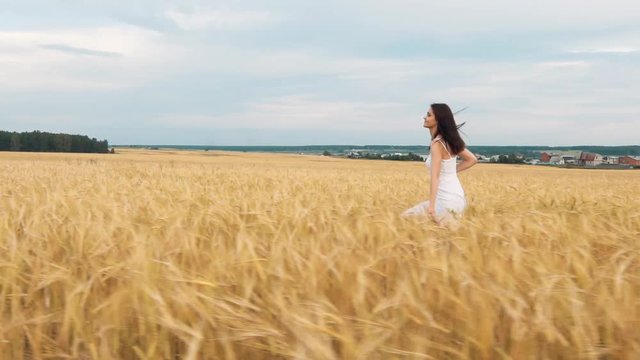 Beauty brunette girl with healthy long hair spinning and laughing outdoor on golden wheat field. Enjoying nature. Young woman in dress having fun outdoor. Sunset.