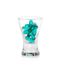 Blue Transparent pills content medicine capsule on white background.