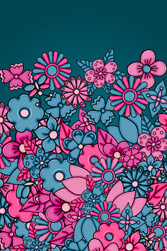 Flowers hand drawn cartoon card background. Spring or summer concept. Vector illustration doodle. Pink and blue color.