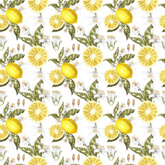 Lemon watercolor seamless pattern. Beautiful hand drawn texture. Romantic background for web pages, wedding invitations, textile, wallpaper.