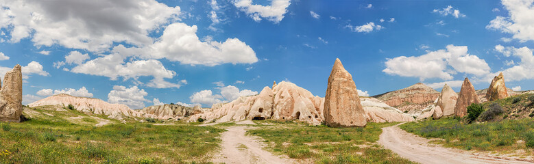 Panoramic image of rocky landscape in Cappadocia, Turkey.