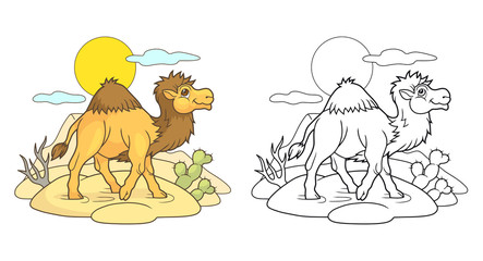 Cartoon cute camel walking through the desert
