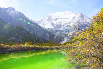 Shangri la, green clear colored Pearl Lake with holy snow-clad mountain Chenrezig and yellow orange colored autumn trees in valley in Yading national level reserve, Daocheng, Sichuan Province, China.