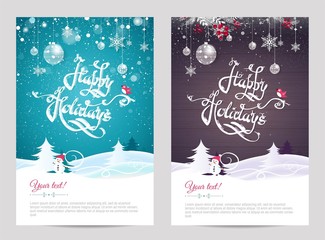 Christmas cards with calligraphy. Hand drawn design elements. Handwritten modern lettering. Happy holidays invitation posters. Vector illustration