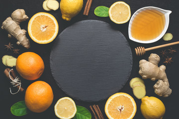 Ingredients for cooking healthy Natural hot beverage And cutting board in the center