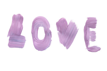 Love word purple written in oil paint on a white background,isolated.