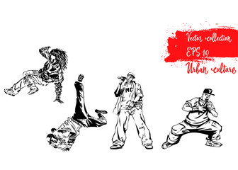 Set of illustrations with representatives of Urban Culture. Breakdancers and rapers. Extreme theme modern print. Vector design elements. Isolated on white background