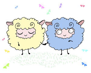 Two happy funny fluffy lambs in a meadow surrounded by butterflies, isolated.