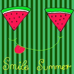 Joyful sliced watermelon slices, smiling showing tongue, isolated striped background.