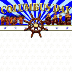 Columbus Day HOT SALE, shiny bright golden text, background in colors of blue and white. Text HOT SALE in bursting flames