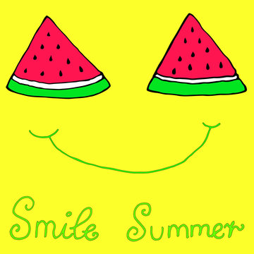 Happy sliced slices  watermelon, joyful smile, isolated yellow background.