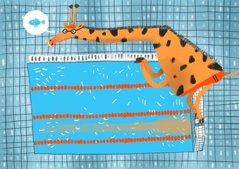 Naklejka premium Cartoon illustration of giraffe in waterpool