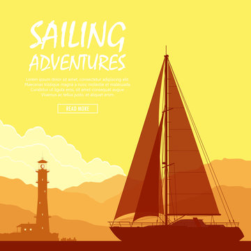 Sailing yacht at sunset. Landscape with luxury yacht and huge lighthouse on the mountain background. Vector illustration.