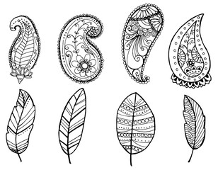 Vector design of vintage Mandala doodle elements. Flowers, paisleys and feather.