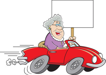 Cartoon illustration of an old lady driving a sports car and holding a sign.