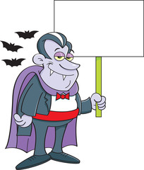 Cartoon illustration of a vampire holding a sign.