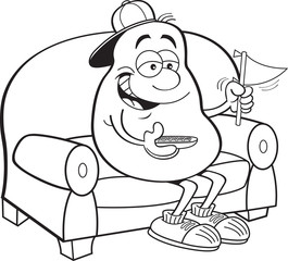 Black and white illustration of a potato sitting on a couch and holding a pennant