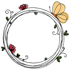 Design of vector wreath with flowers and butterfly.