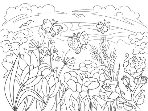 Childrens coloring cartoon Glade with flowers in nature.