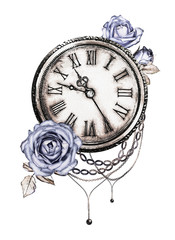 watercolor illustration with red roses, chain, clock. Gothic background with flowers. Cool print on T-shirt, Tattoo. Vintage
