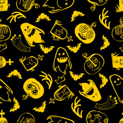 Haloween Seamless Pattern in cartoon style. Black sketches characters with differemt emotions. Grave, ghost, pumpkin, bat holiday doodles. Hand drawn vector illustration. Horror background