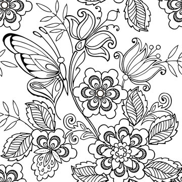 Seamless ornament flowers and butterflies for the anti stress coloring page