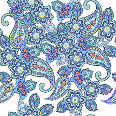 Traditional oriental seamless paisley pattern. Vintage flowers seamless ornament in blue colors. Decorative ornament backdrop for fabric, textile, wrapping paper