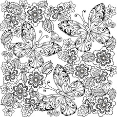 Hand drawn flowers and butterflies for the anti stress coloring page