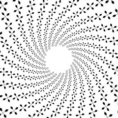 Background, pattern, black and white spiral pattern. Round centered Halftone illustration. Concept, petal, flower