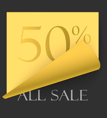 Super sale and special offer. Bent paper sheet 50% discount. Vector illustration. Color banner