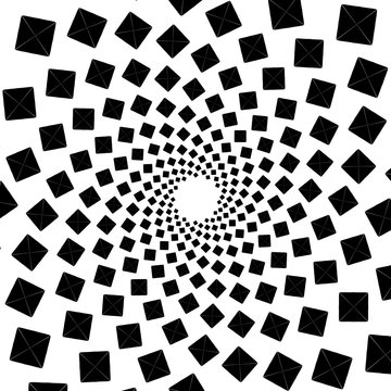 Background, pattern, black and white spiral pattern. Round centered Halftone illustration. Square, shape, geometry, center, conceptual