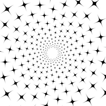 Background, pattern, black and white spiral pattern. Round centered Halftone illustration. Star, glow, flare, rotation, torsion