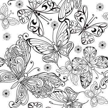 Hand drawing seamless pattern of butterflies. Vector seamless pattern of butterflies for the anti stress coloring page