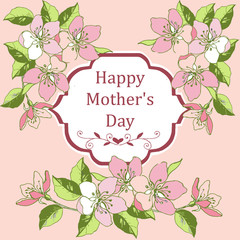 Happy Mother's Day greeting card with branches of cherry blossom, pear.
