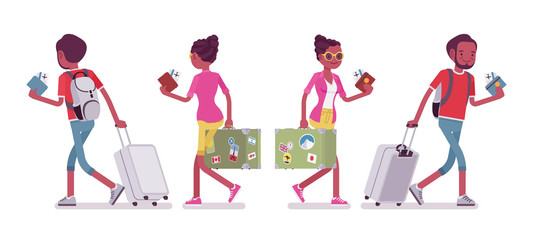 Black male and female tourist walking