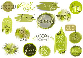 Big vector set of healthy organic food labels for restaurants, cafe. Concept of healthy lifestyle, weight loss