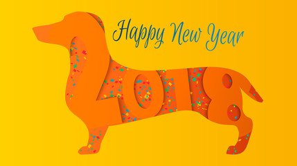 Happy New Year 2018 greeting card. Celebration yellow background with Dog and place for your text. 2018 Chinese New Year of the dog. Vector illustration EPS10