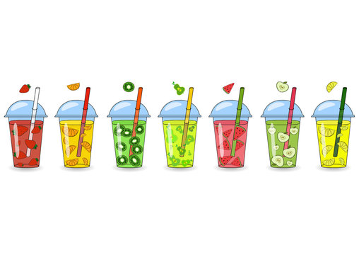 Set of smoothies, juices with different flavors. The concept of a healthy lifestyle, proper nutrition, summer. Logo, a banner. Vector Hand painted