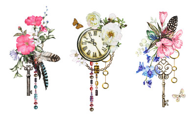 Naklejki  Zestaw ilustracji akwarela z róż i polne kwiaty, klucze, zegar i piór. Tribal tło z kwiatami, biżuterią, motylem. Fajny nadruk na koszulce, tatuaż. Zabytkowe
