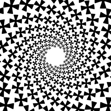 Background, pattern, black and white spiral pattern. Round centered Halftone illustration. Cross, figure, geometry, petal