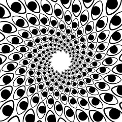 Background, pattern, black and white spiral pattern. Round centered Halftone illustration. Eye, pupil, sight, sign