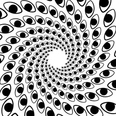 Background, pattern, black and white spiral pattern. Round centered Halftone illustration. Eye, pupil, sight, sign