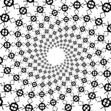 Background, pattern, black and white spiral pattern. Round centered Halftone illustration.